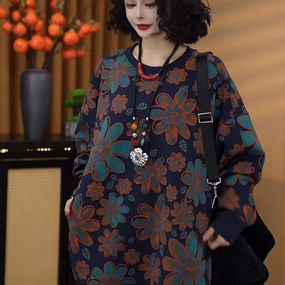 【·繁花叙语·乔一推荐】2025秋季秋新花色复古宽松圆领长袖卫80190