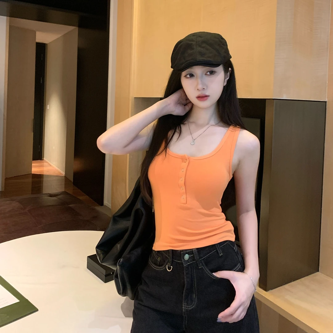 多巴胺露背按扣肩带弹力修身无袖显瘦内搭吊带背心女