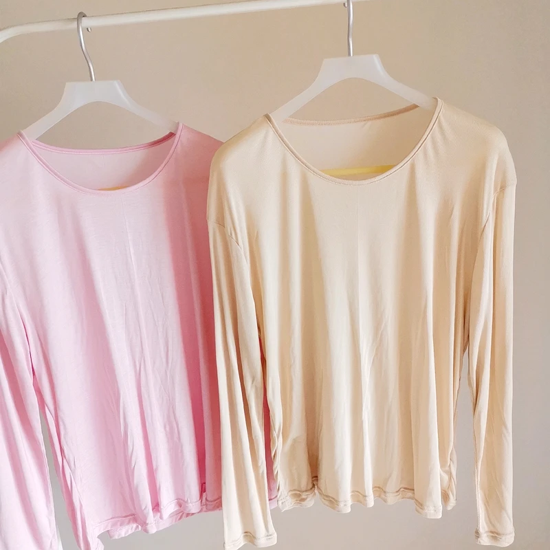 圆领100桑蚕丝长袖T恤上衣打底衫家居纯色百搭舒适透气宽松吸湿