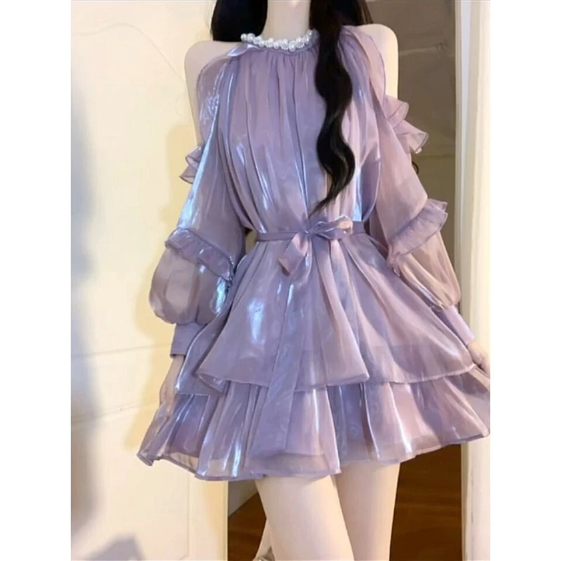 富家千金气质法式缎面高级感露肩挂脖连衣裙女宽松长袖仙女蓬蓬裙