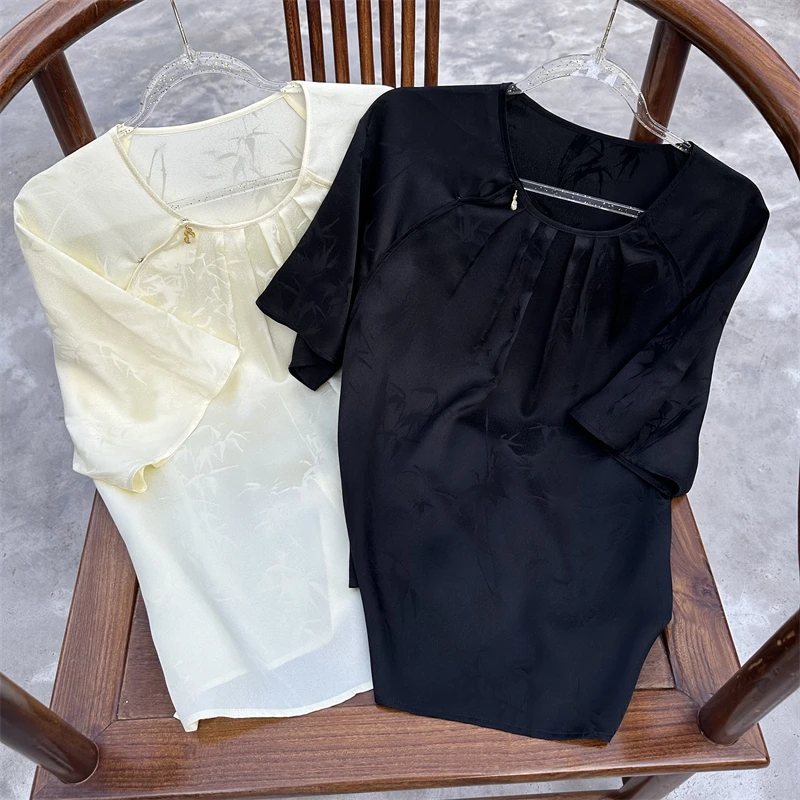 2025新款真丝提花竹子上衣圆领打皱斜襟T恤满分桑蚕丝五分袖小衫