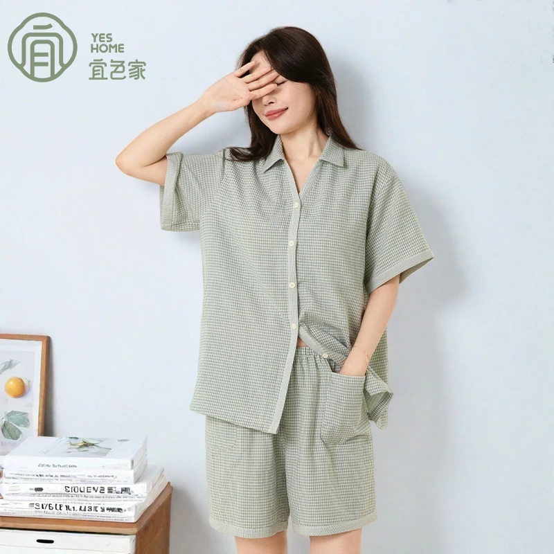 宜色家带胸垫睡衣女夏季女款爆款2025新款短袖纯棉薄款家居服套装