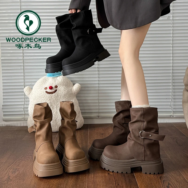 啄木鸟美拉德短筒马丁靴女2025秋季新款英伦风复古圆头厚底裤管靴