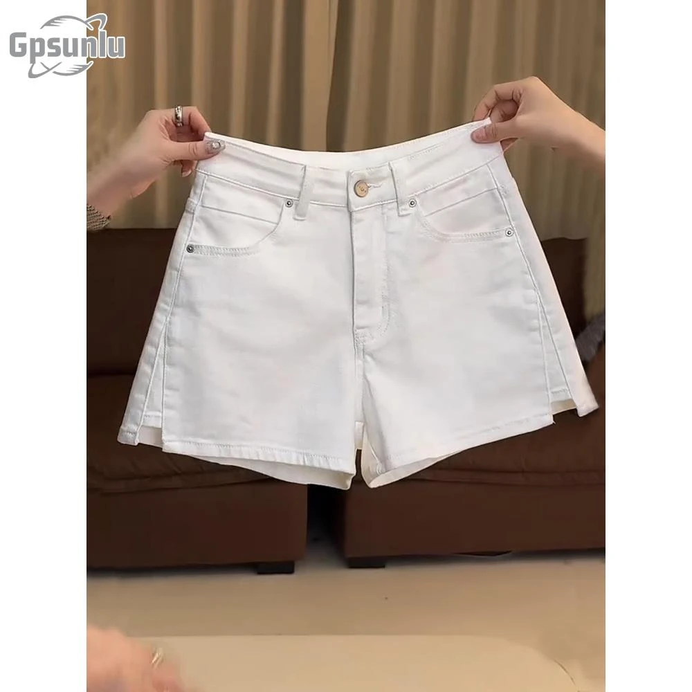 gpsunlu大码女时尚夏季高腰开叉直筒牛仔短裤宽松显瘦百搭休闲裤