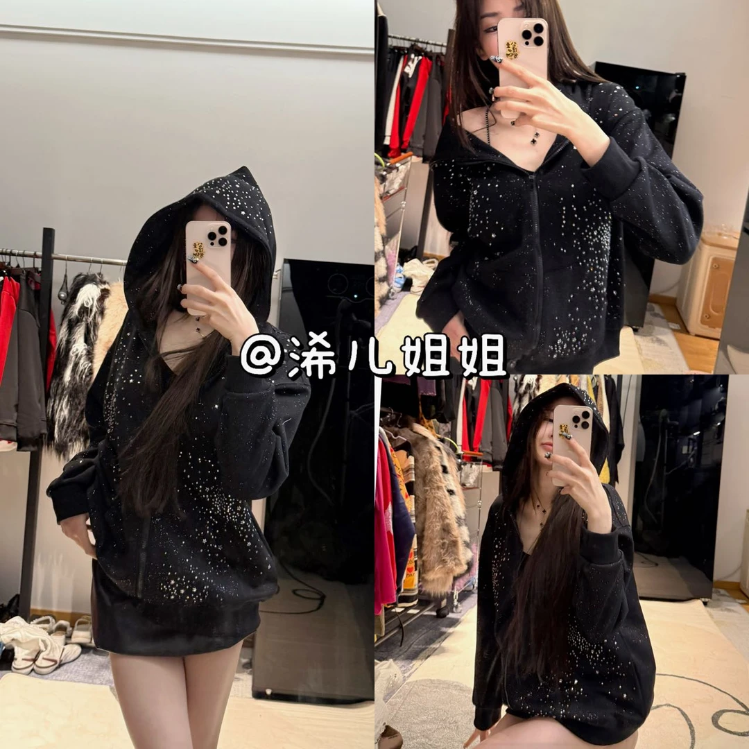 (浠儿姐姐)美式满天星烫钻连帽卫衣秋冬高级感水洗做旧拉链外套