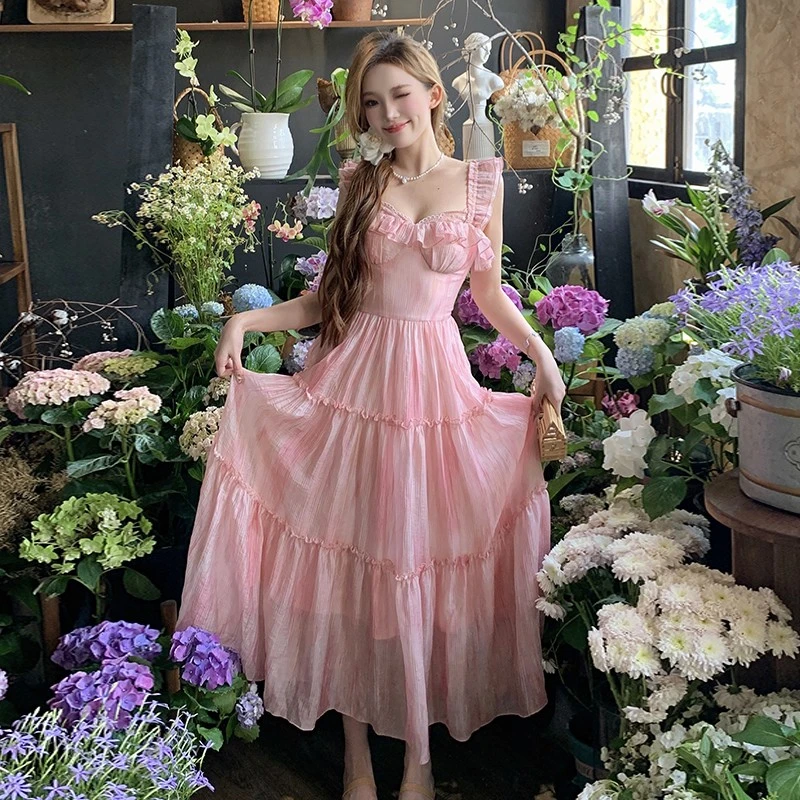 冰冰来了【夏日幻想】法式少女风荷叶边长裙蕾丝飞飞袖连衣裙26100