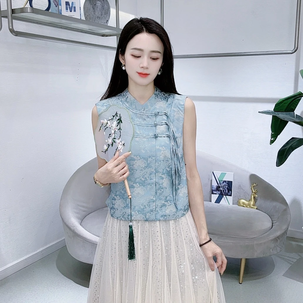 A8502中式国风上衣女夏季新款时尚洋气显瘦显摆国风无袖衬衫