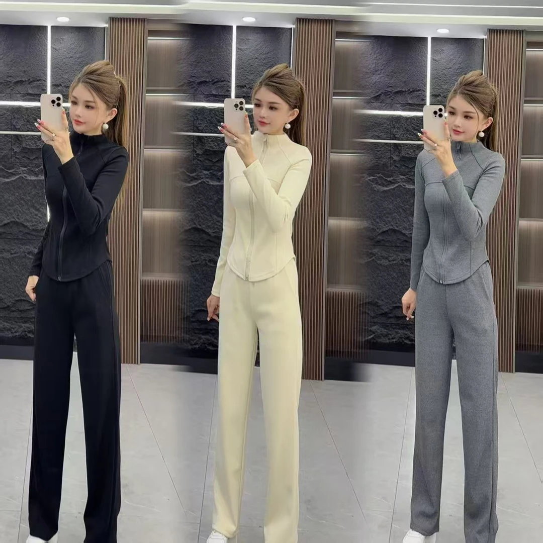 秋冬3764拉绒时尚休闲运动显身材走线设计长袖上衣 加长裤 两件套