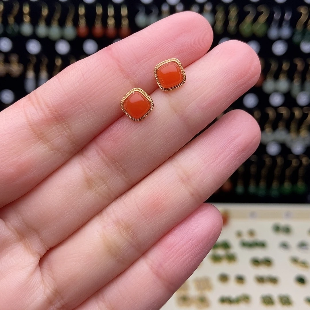 和田玉银S925镀金镶嵌耳饰