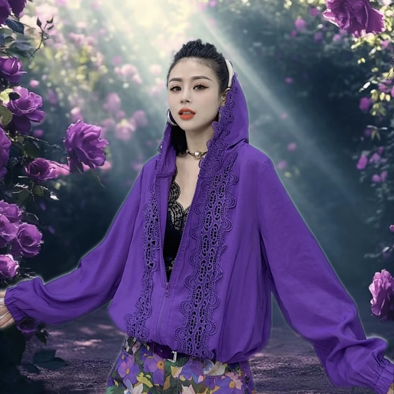 蕾丝拼接连帽显瘦洋气防晒衣女2025春夏新款时尚百搭上衣潮-9113
