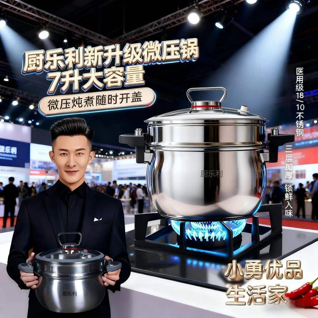 厨乐利⭐高颜值不锈钢微压蒸锅家用炖煮汤锅26cm7升大容量不粘锅新