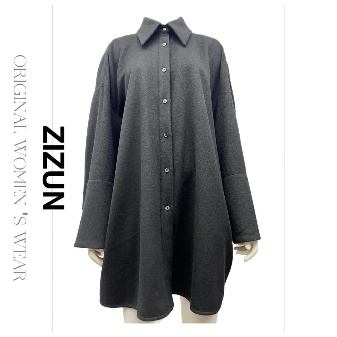 ZIZUN/姿の尊秋冬宽松百搭圆领纯色设计师短衬衣外套