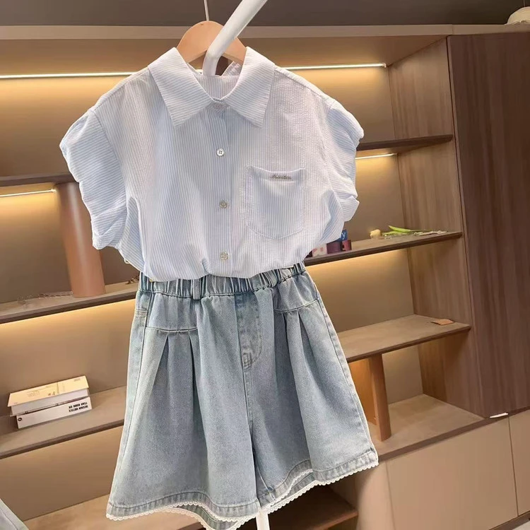 2025夏季新款女童时尚俏皮洋气可爱牛仔短裤条纹衬衫儿童套装组合