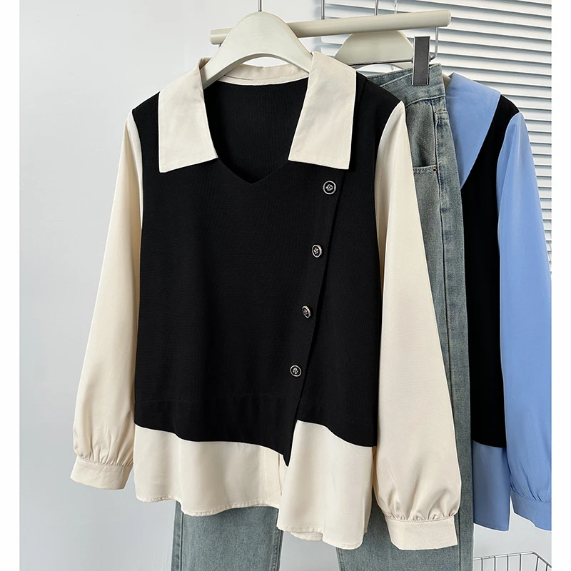 胖MM2025秋款时尚法式撞色拼接娃娃领衬衫显瘦长袖假两件上衣