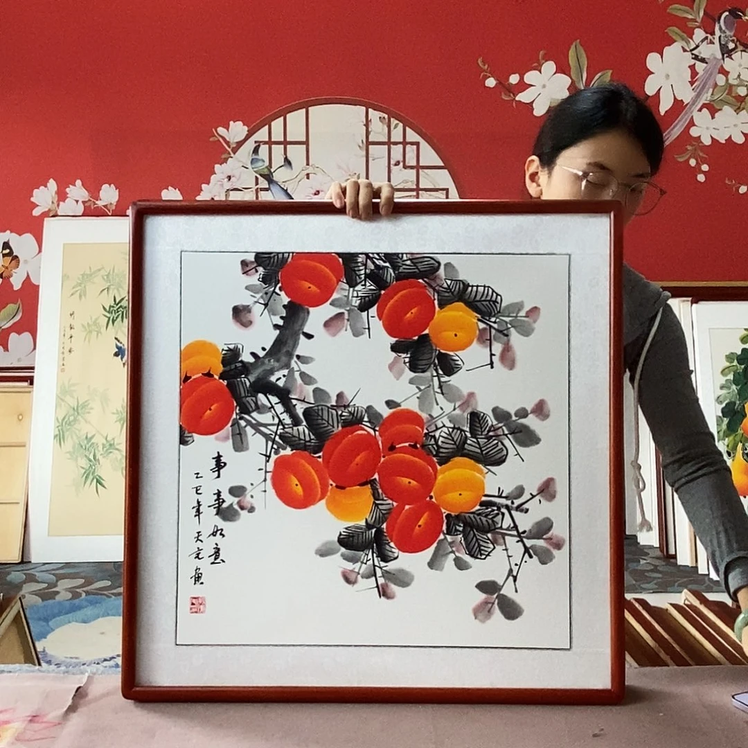 国画手写手绘国画作品带框包邮62✖️62