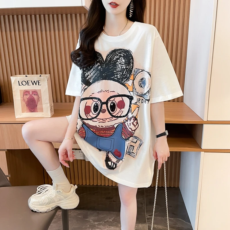 欧货大版卡通纯棉短袖T恤女夏季韩版时尚宽松中长款圆领半袖上衣