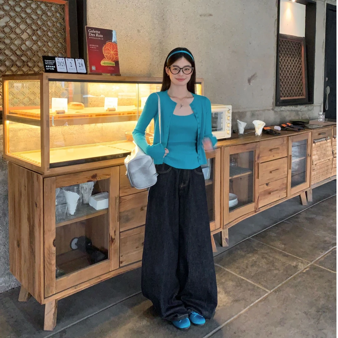 宋正恩 深蓝色直筒牛仔裤女秋冬新款宽松阔腿裤拖地裤AA82927