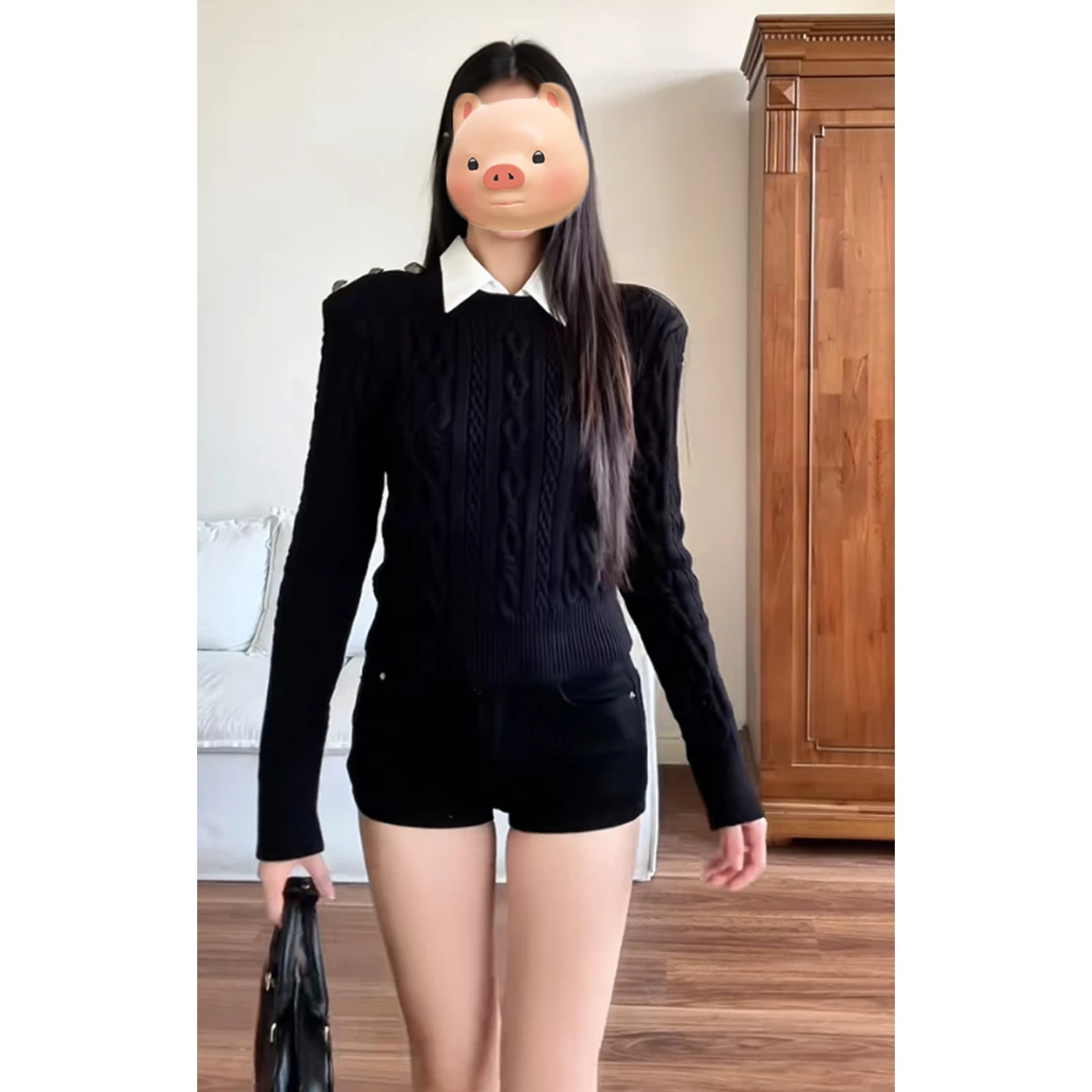 学院风假两件polo领黑色麻花毛衣女秋冬加厚宽松慵懒风针织衫上衣