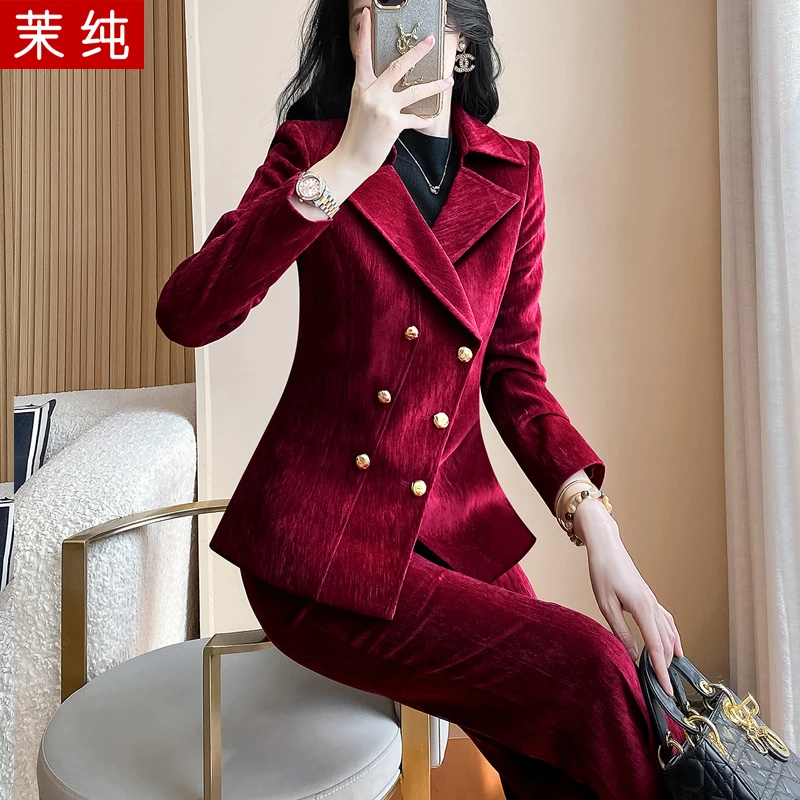 时尚洋气女红色金丝绒加厚西服正装时髦洋气高级感巨好看的工作服