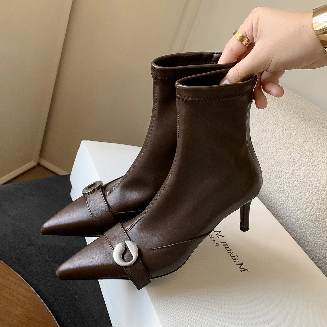 小个子手工女鞋6.5cm~尖头细跟短靴女英伦瘦瘦靴弹力靴小众时装靴