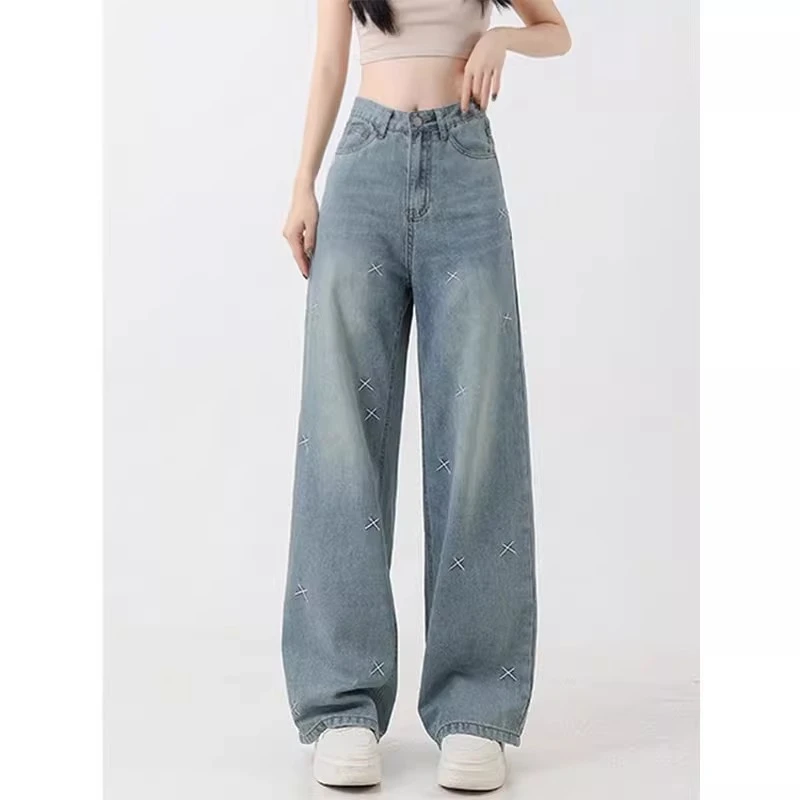 刺绣直筒裤高腰小个子低腰牛仔裤高街夏季水洗破洞薄款阔腿裤子女