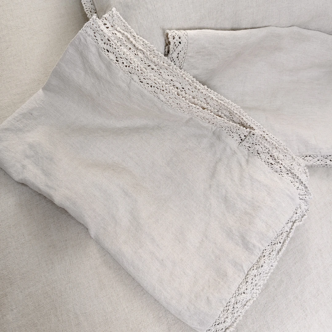 亚麻雨露麻棉成人枕套花边灰色一对装