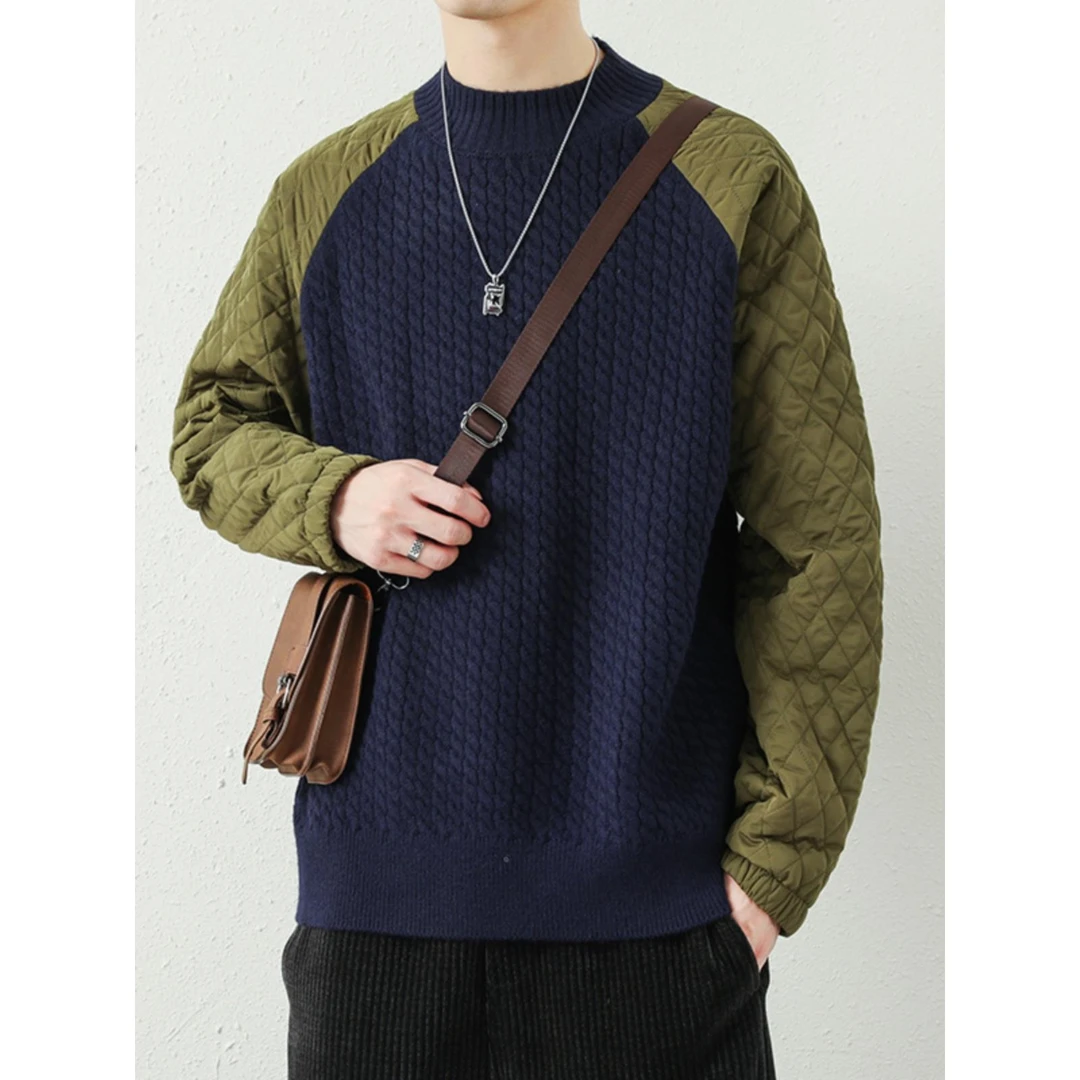 棉衣拼袖秋冬季插肩袖毛衣男装轻熟风高级感粗线加厚针织衫半高领