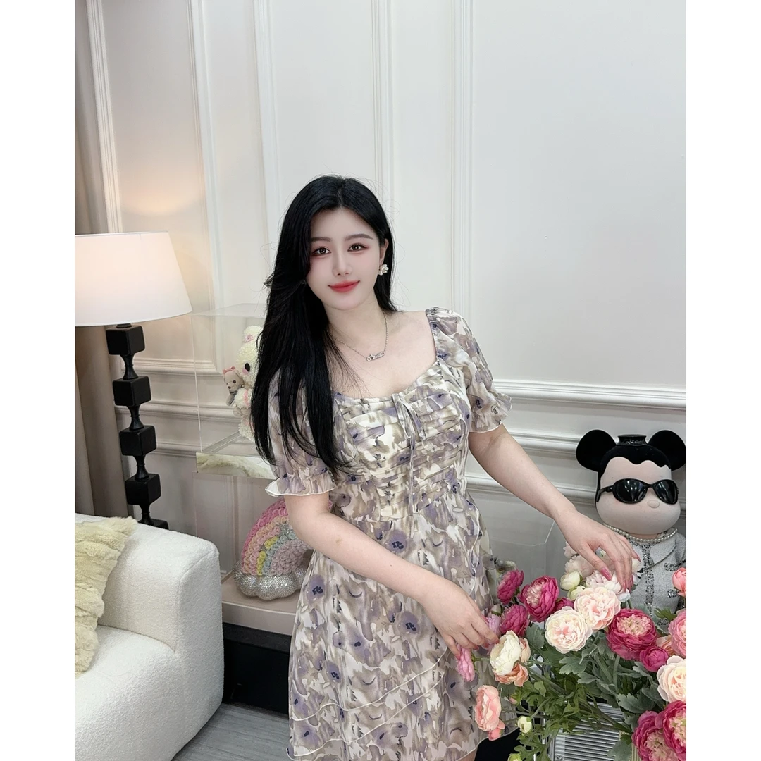 Jasmine夏季法式方领碎花短裙甜美气质收腰显瘦大码短袖连衣裙女