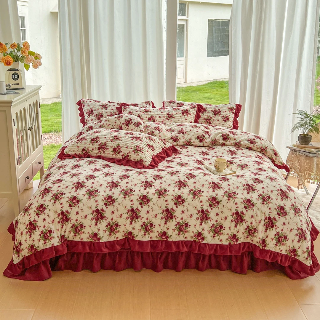 2025新款花边牛奶绒磨毛床盖四件套加厚韩版小碎花韩式被套加绒