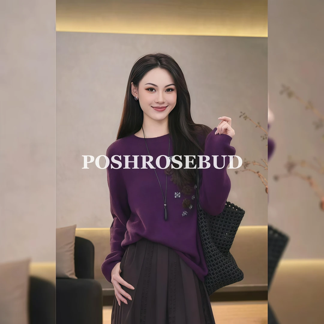 POSHROSEBUD设计师秋季绵羊毛镶花套头长袖气质针织衫-2410628