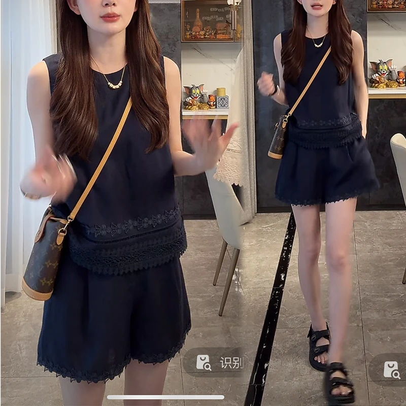 韩版圆领纯色无袖上衣高腰短裤两件套女2025年夏季新款一整套穿搭