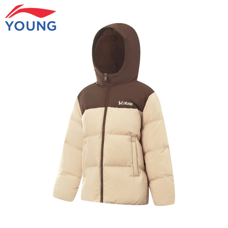 李宁儿童羽绒服大童拼色保暖外套冬季新款运动休闲连帽羽绒服9067