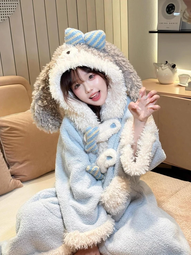 可爱卡通小狗连帽珊瑚绒睡袍少女冬季新款加绒加厚保暖家居服套装