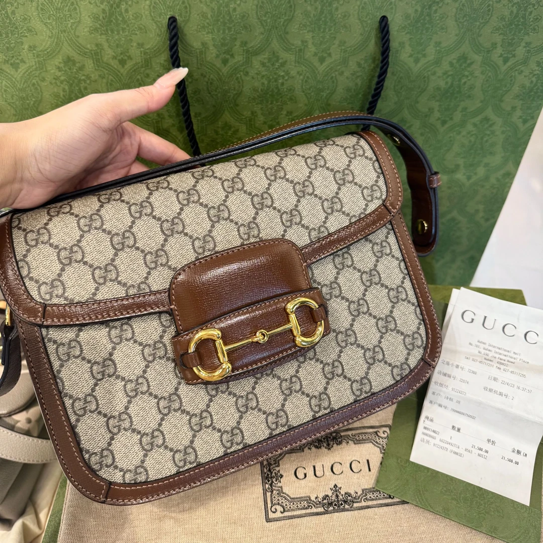 99新 GUCCI/古驰 1955中号老花棕边马鞍包