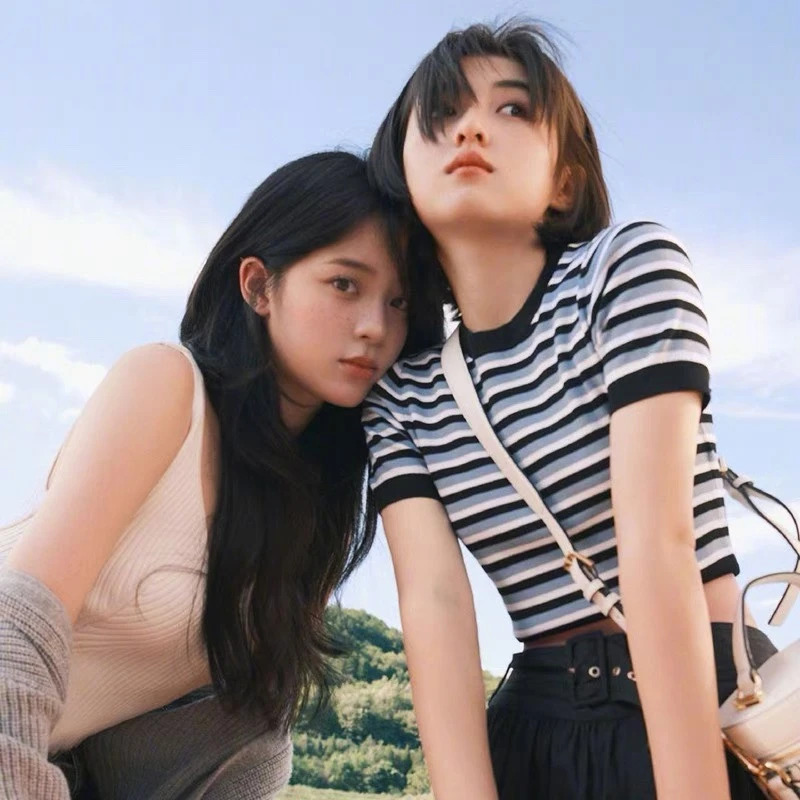 张子枫同款撞色条纹短款T恤短袖显瘦百搭小众针织衫上衣女2022夏