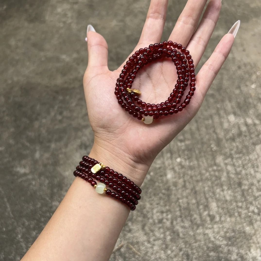 合金玻璃手链 多圈好运石榴红手串甜美风小众高级感手链闺蜜礼物