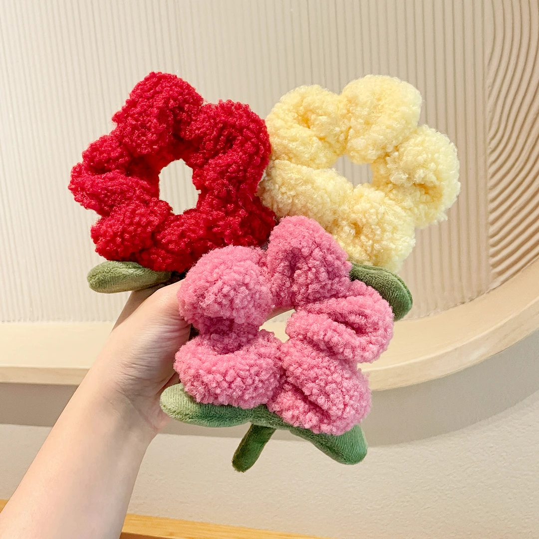 2025毛绒秋冬花朵大肠发圈儿童甜美丸子扎头绳皮筋宝宝百搭发饰