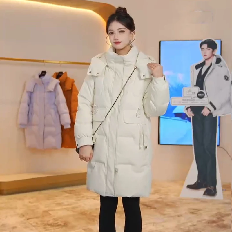 雅鹿时尚拼接连帽中长款外套女2025冬季新款韩版显瘦保暖气质棉服