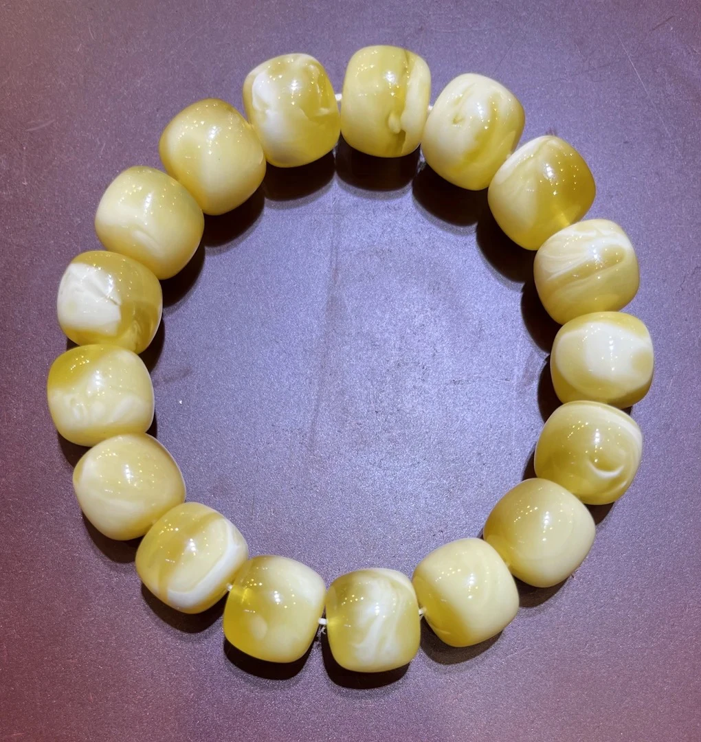 琥珀金妖白花蜜蜡精工老型手串，13.5m，25.85g，天然原矿保真