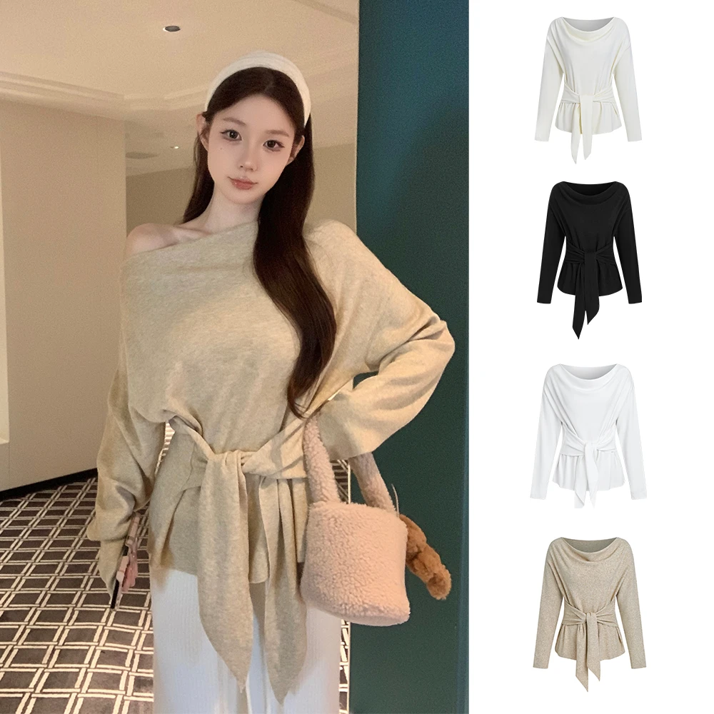 设计感荡领松弛腰带收腰针织上衣女早秋新款显瘦百搭韩系女#9801