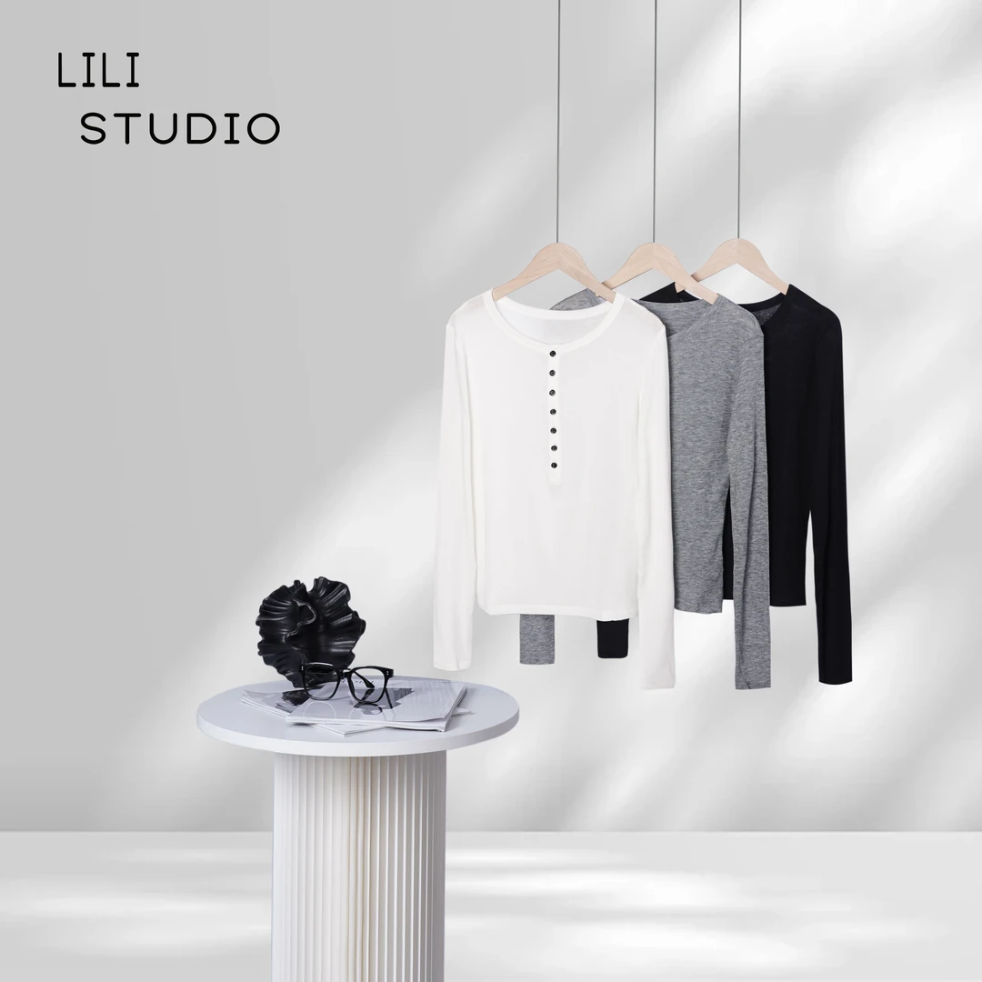 PCNY「修身排扣」不理理夏季新款女装半开领长袖套头T恤女打底衫