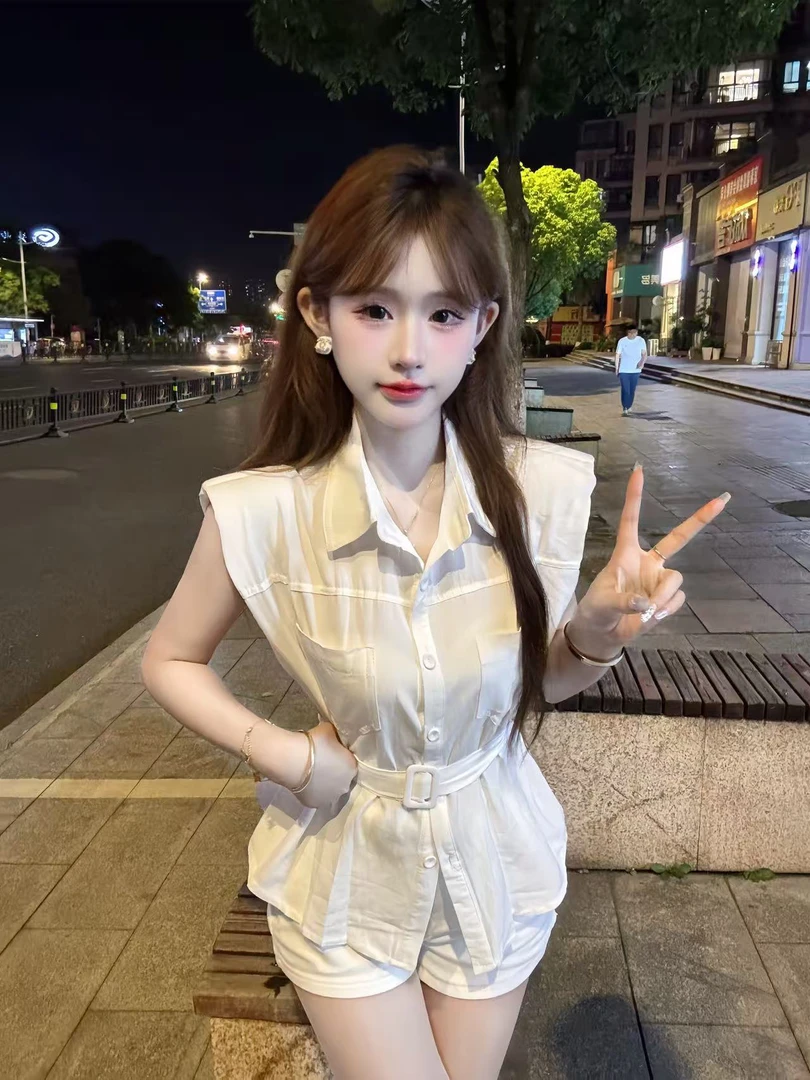 【韩系配腰带高级无袖苎麻衬衫】