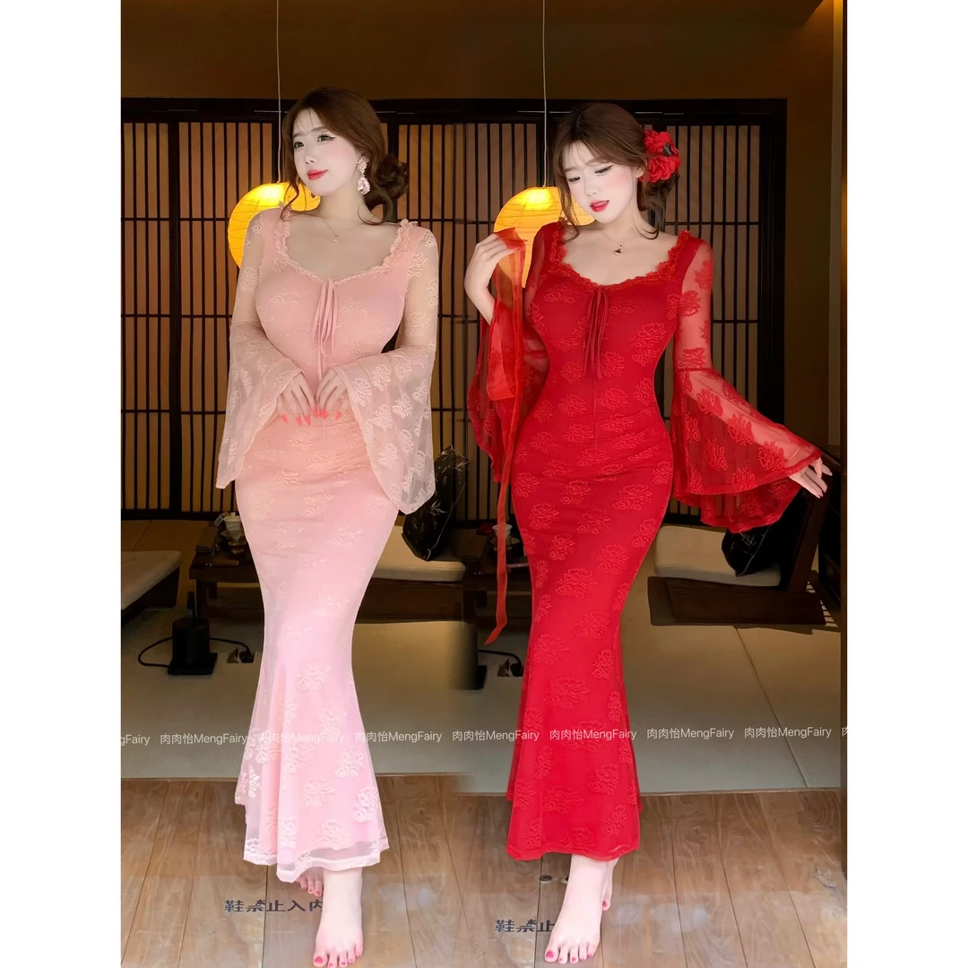 萌面侠肉肉怡 现货【尤物陷阱】纯欲性感修身名媛喇叭袖连衣裙5678B