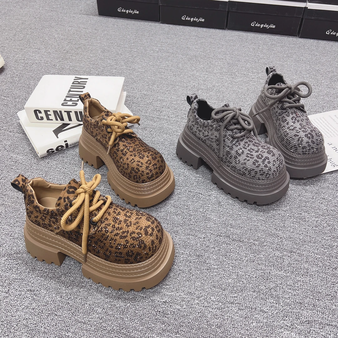 时尚百搭复古乐福鞋厚底英伦风韩版秋季系带豹纹圆头春秋