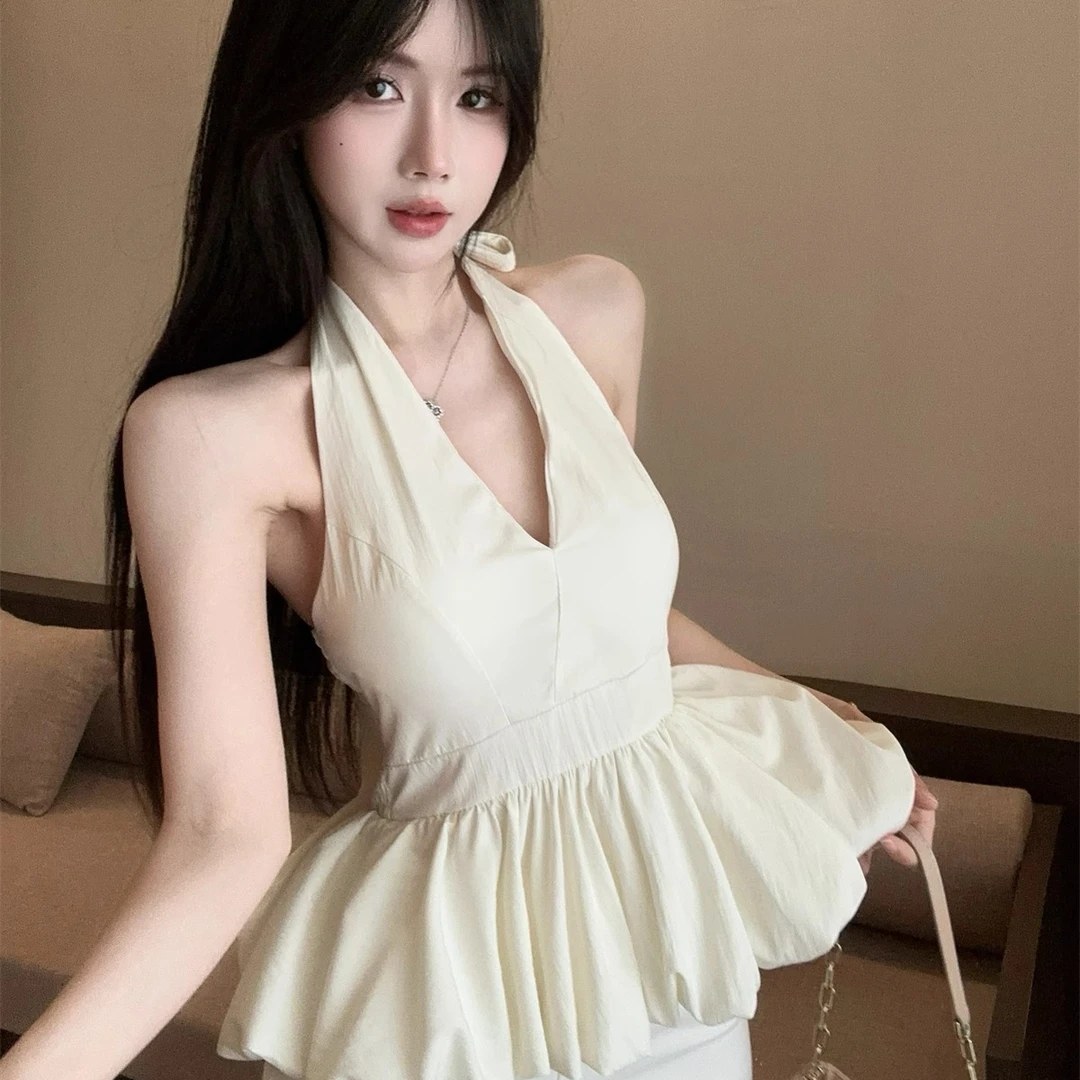 粉色花苞挂脖吊带背心女早夏泰式辣妹v领抹胸小上衣独特绝美掐腰