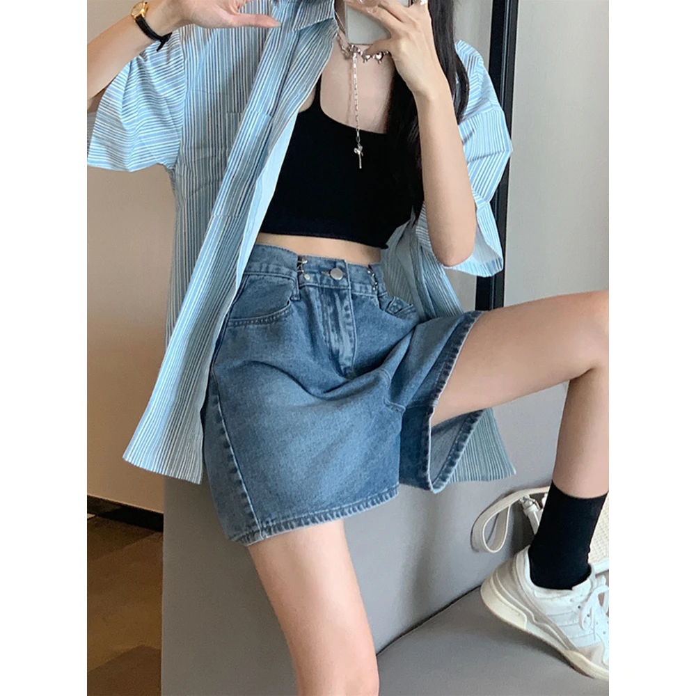 【小曹大码】高腰牛仔短裤宽松显瘦阔腿a字五分裤潮-KXDM88510