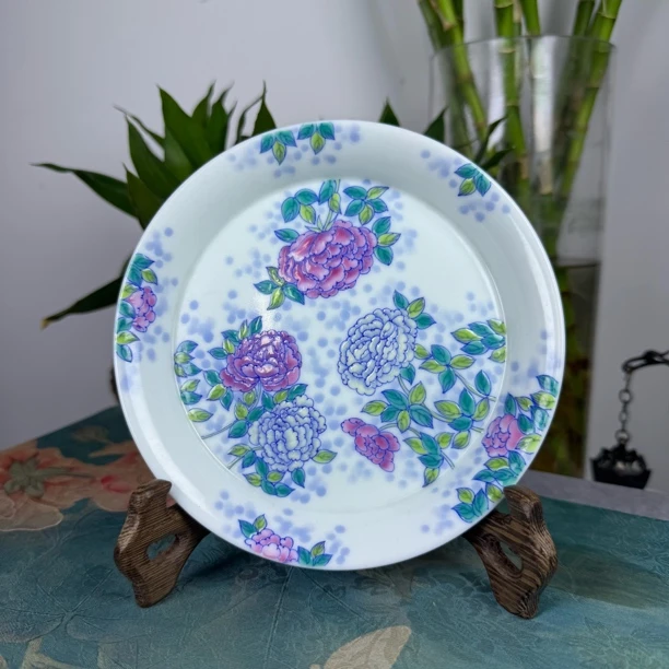 明逸堂手工斗彩牡丹壶承花纹果盘茶具手绘陶瓷蓝色中式大盘壶托