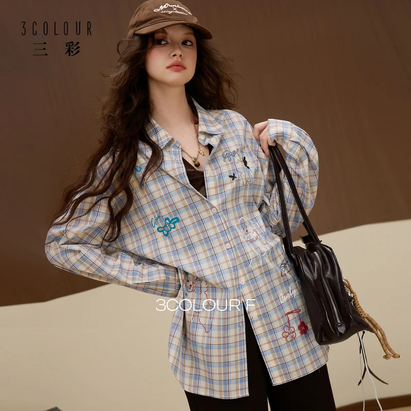 【100棉】三彩独醒2025秋季新款印花格纹衬衫长袖翻领上衣宽松F