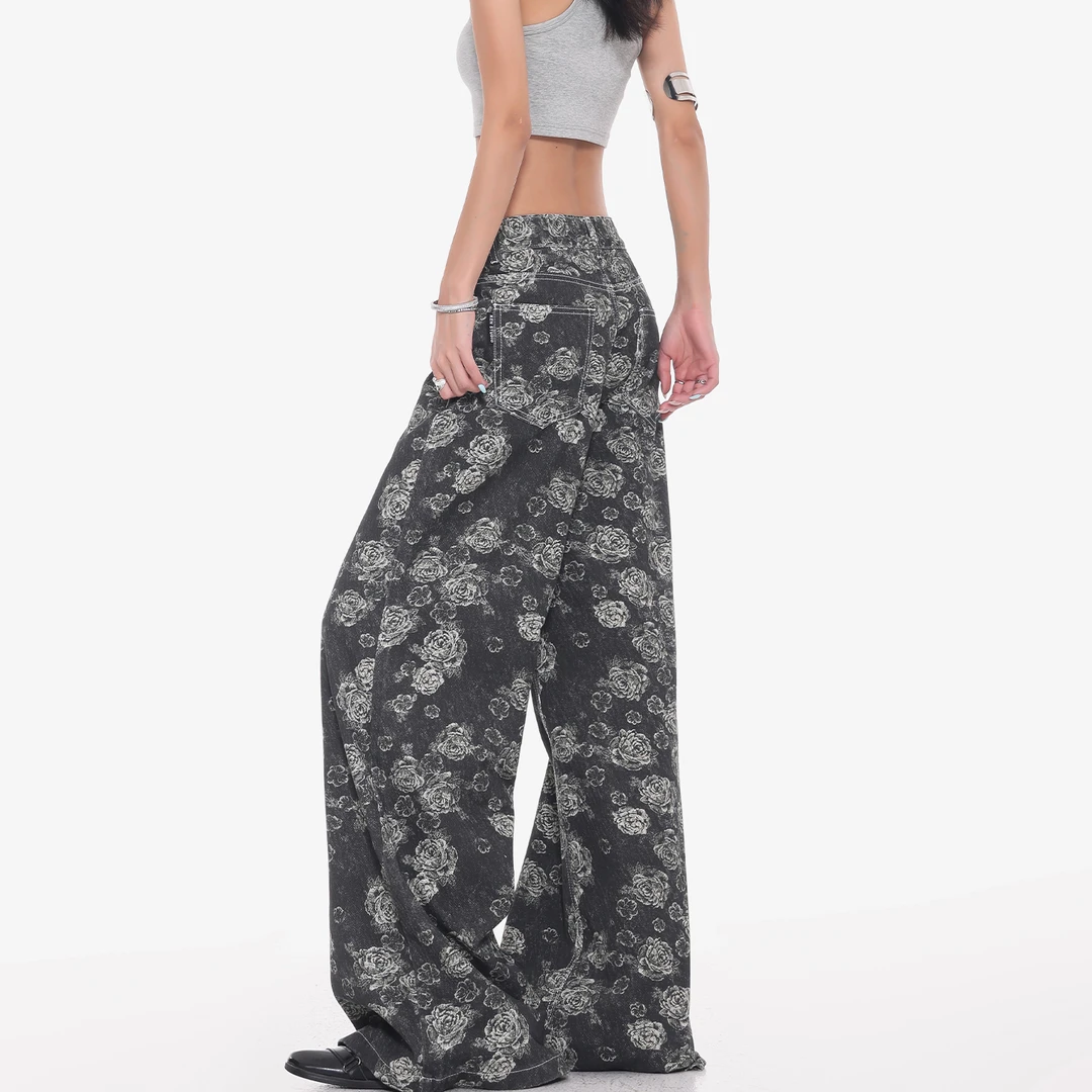 KEN STUDIO美式复古玫瑰印花牛仔裤女夏季新款高腰宽松阔腿拖地裤