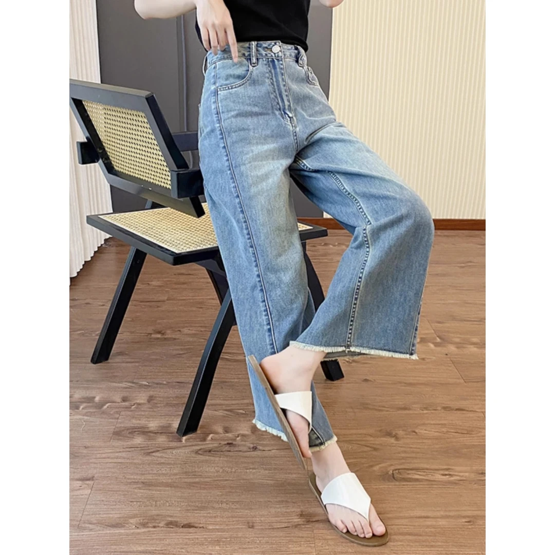 高腰显瘦毛边牛仔裤2025春夏新款胖妹妹梨形身材宽松小个子阔腿裤